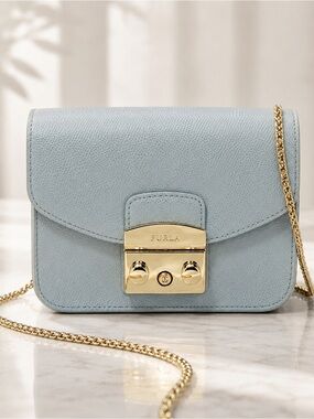 Furla Metropolis Light Blue Leather Chain Crossbody Bag Gold Hardware